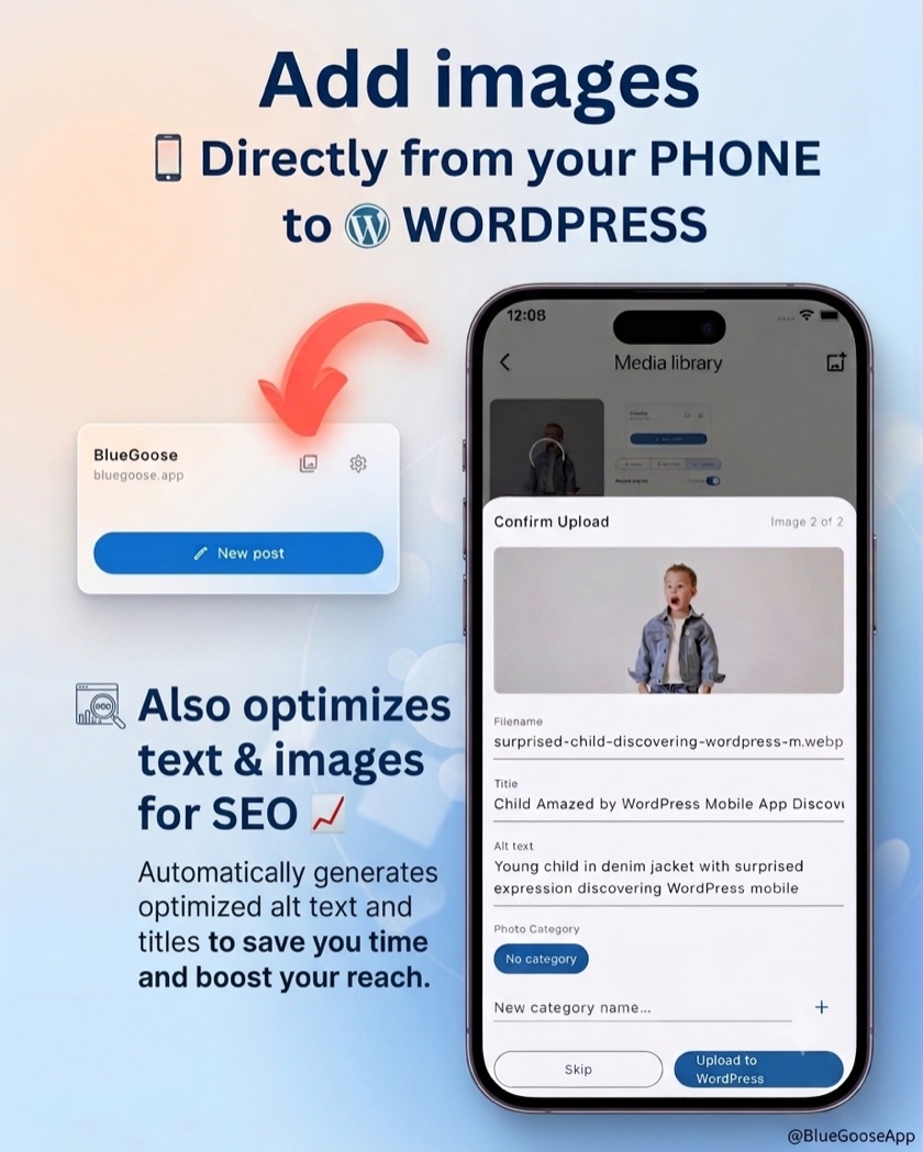 Bluegoose confirm upload screen with file name, title and alt text already filled in