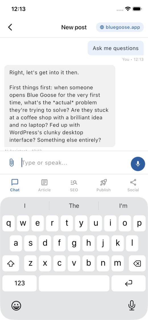 Bluegoose chat screen drafting a post
