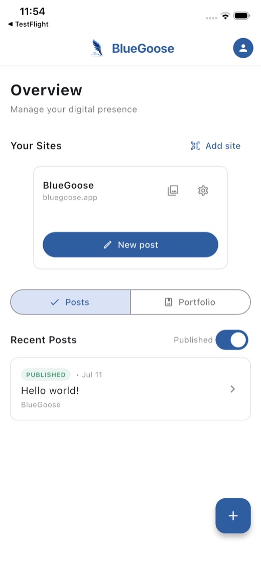 Bluegoose app overview showing your connected site and recent posts